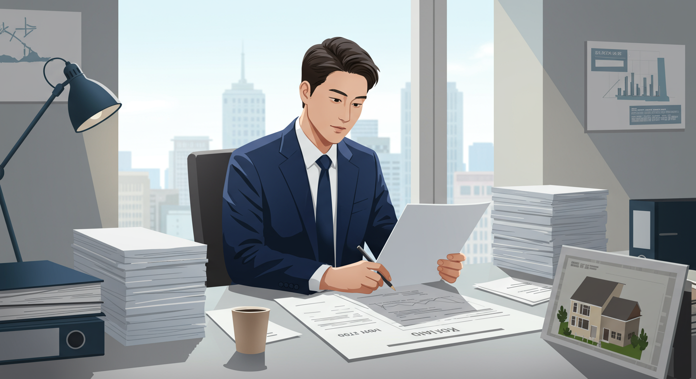 부동산 경매를 준비하는 한국 비즈니스맨이 문서를 검토하는 모습