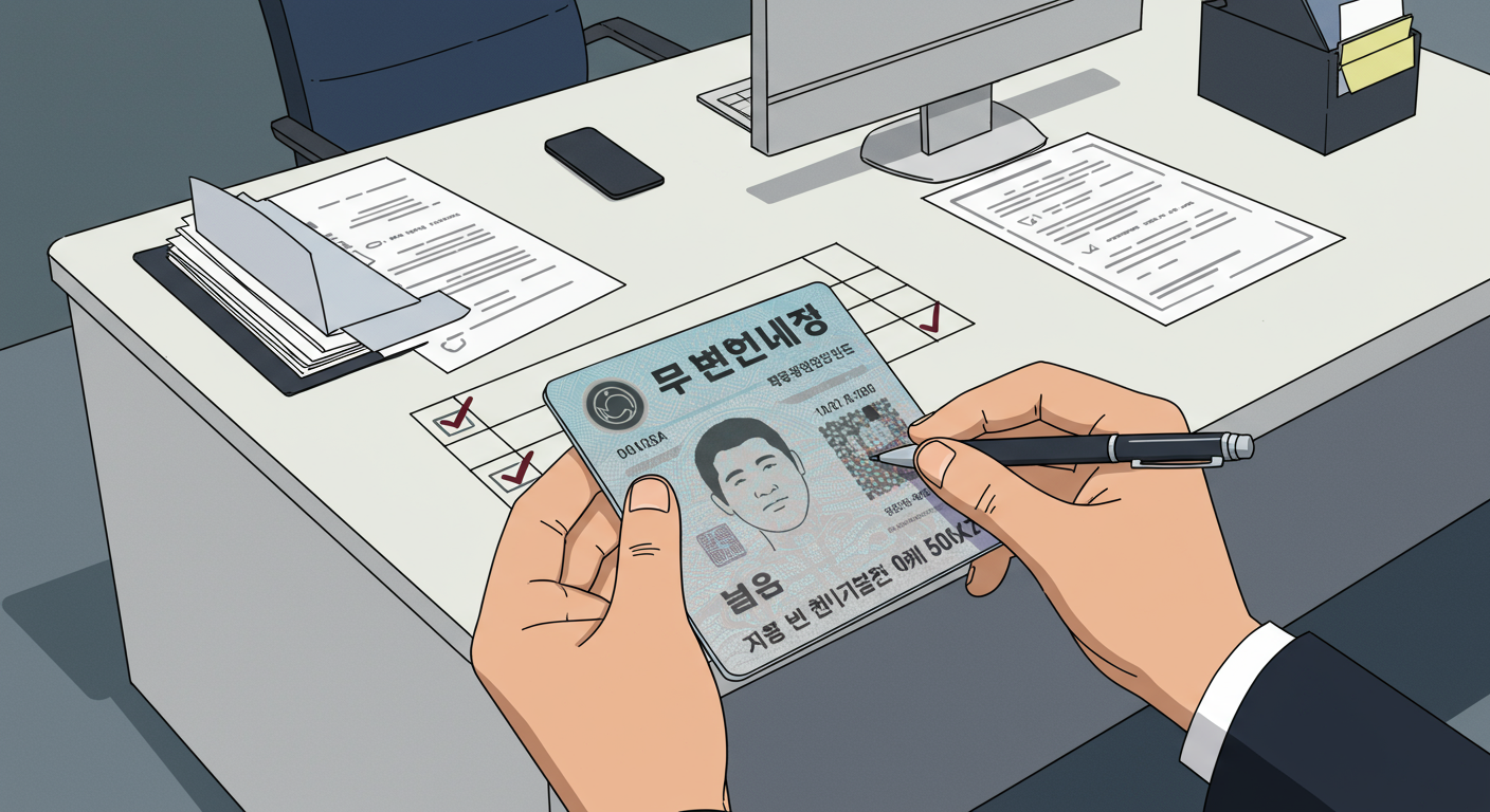 경매 등록 데스크에서 유효성을 검사받고 있는 한국 운전면허증 클로즈업