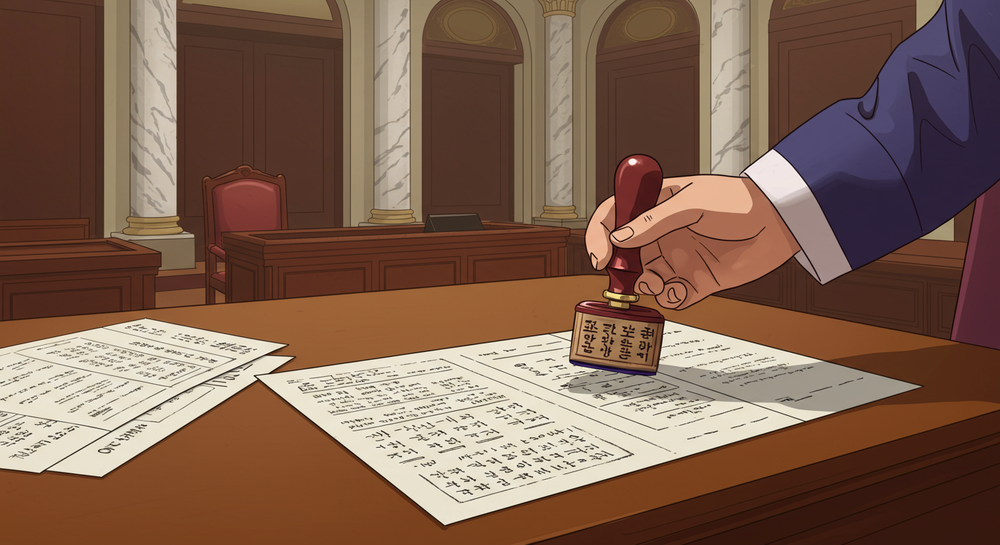 법원 테이블에서 경매 서류에 도장을 찍는 전통적인 한국 막도장의 모습