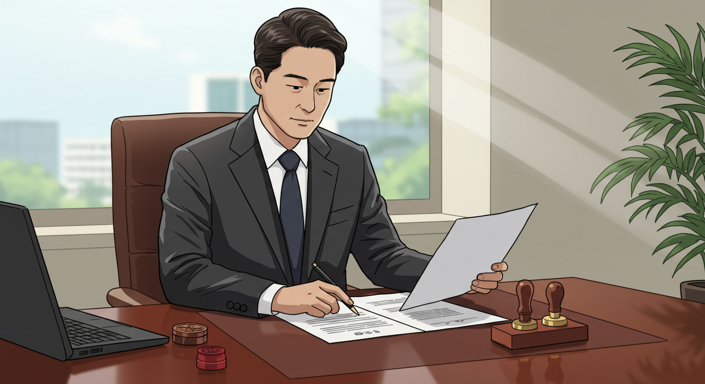 다른 사람을 대신하여 경매에 참석하기 위해 서류와 도장을 들고 있는 한국 법률 대리인의 모습