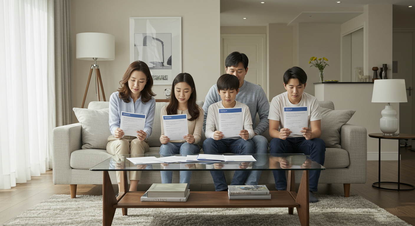 현대적인 거실에서 보험 혜택을 이해하고 안도하는 가족의 모습