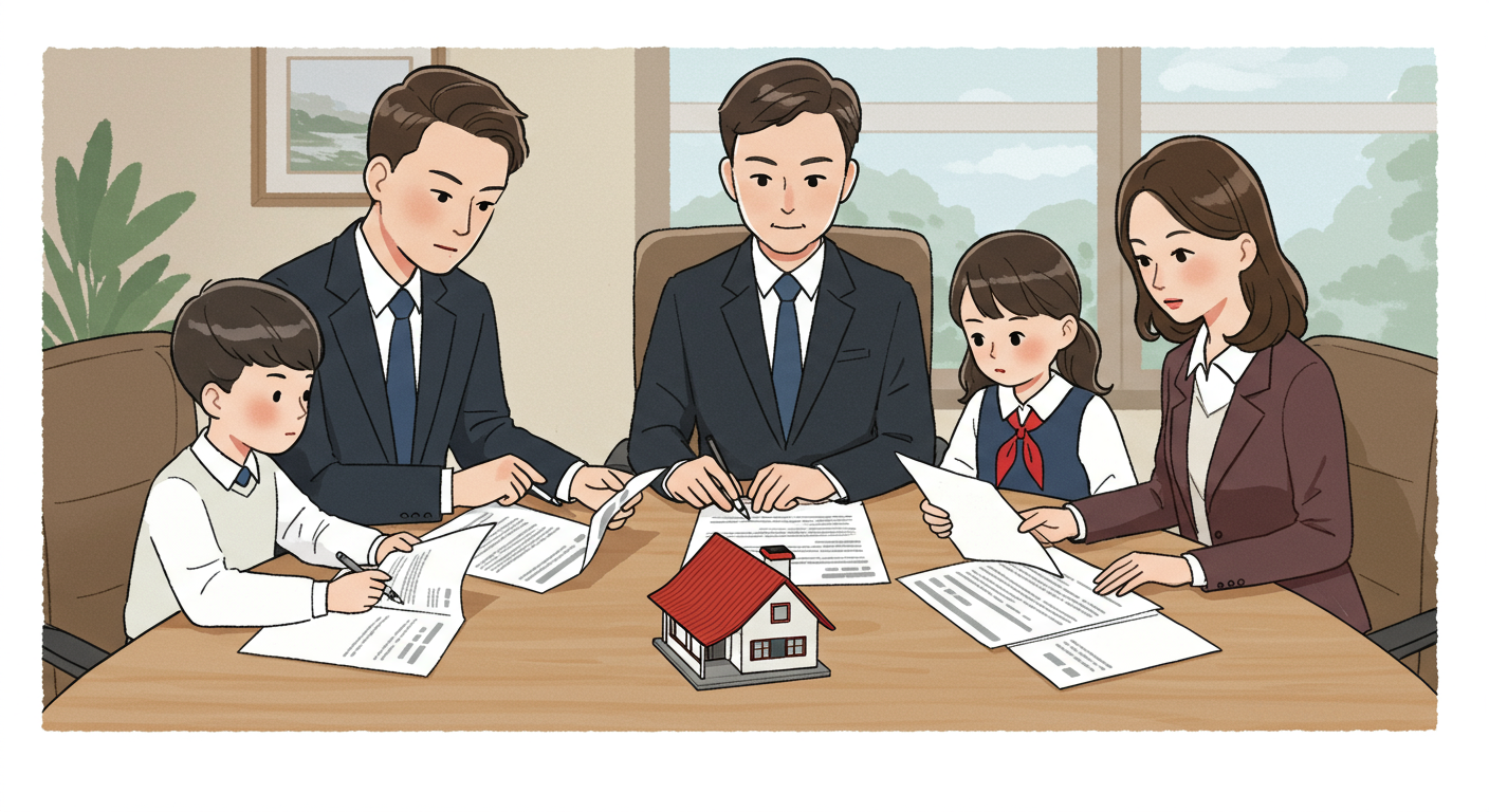 현대적인 사무실에서 부동산 서류를 검토하는 가족