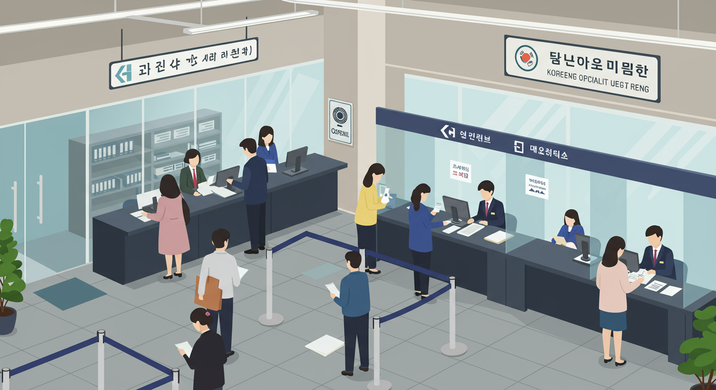 문서에 법적 도장을 받는 사람들이 있는 구청 내부 모습