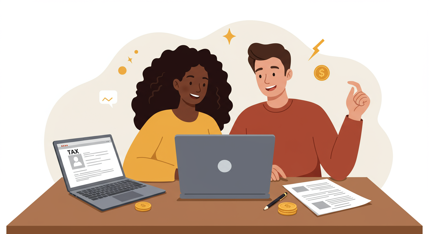 정부 사이트를 열어두고 온라인 양식을 작성하는 젊은 커플