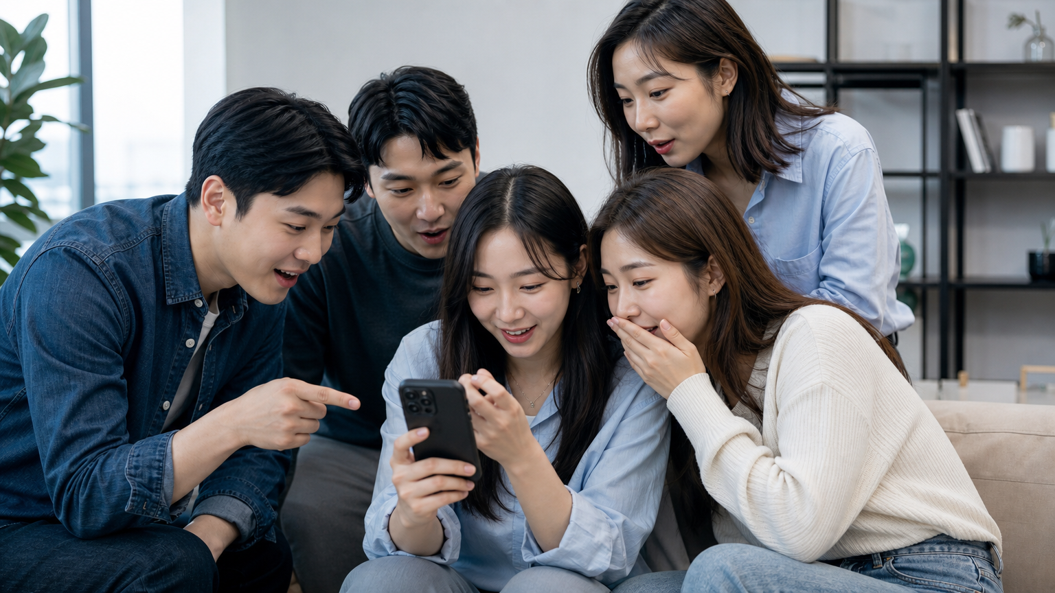 한국인들이 스마트폰을 보며 새로운 신조어를 발견하고 있는 장면