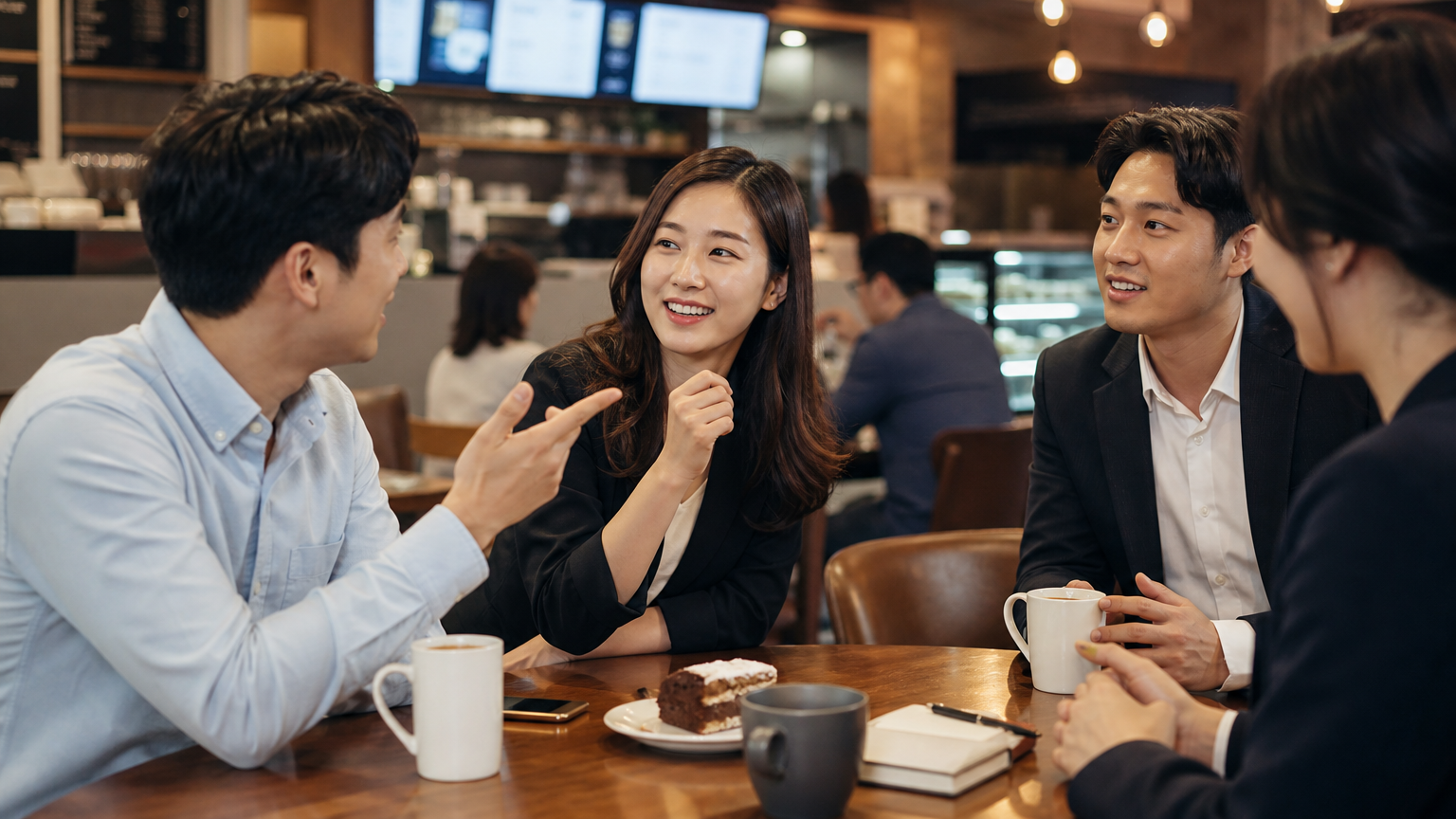 카페에서 직장인들이 인기 있는 신조어에 대해 이야기하는 모습