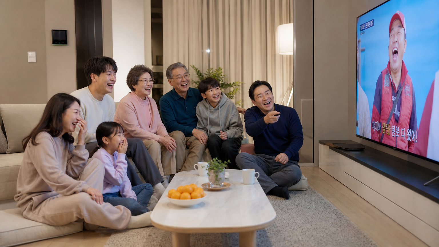 가족이 거실에서 함께 웃으며 TV로 재미있는 콘텐츠를 보는 모습