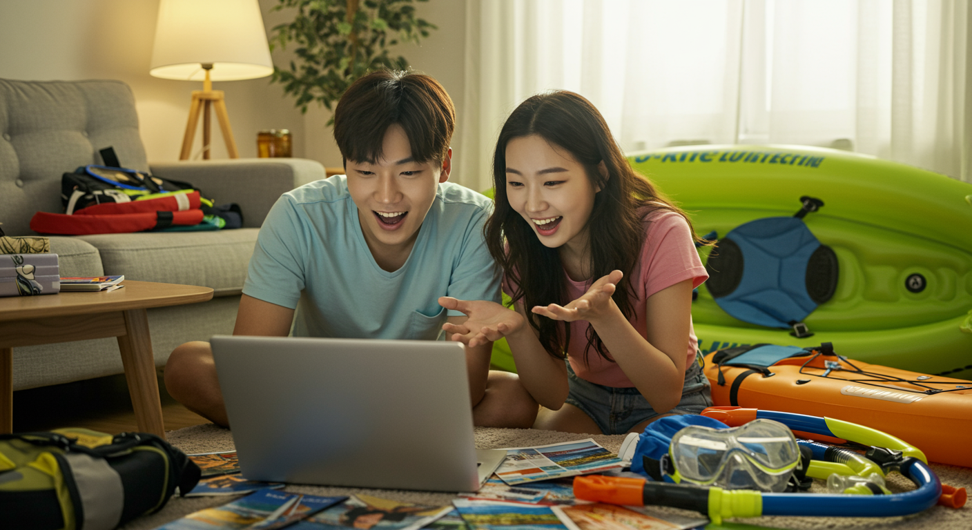 젊은 커플이 가평 수상레저 여행을 계획하며 노트북을 보고 있는 모습