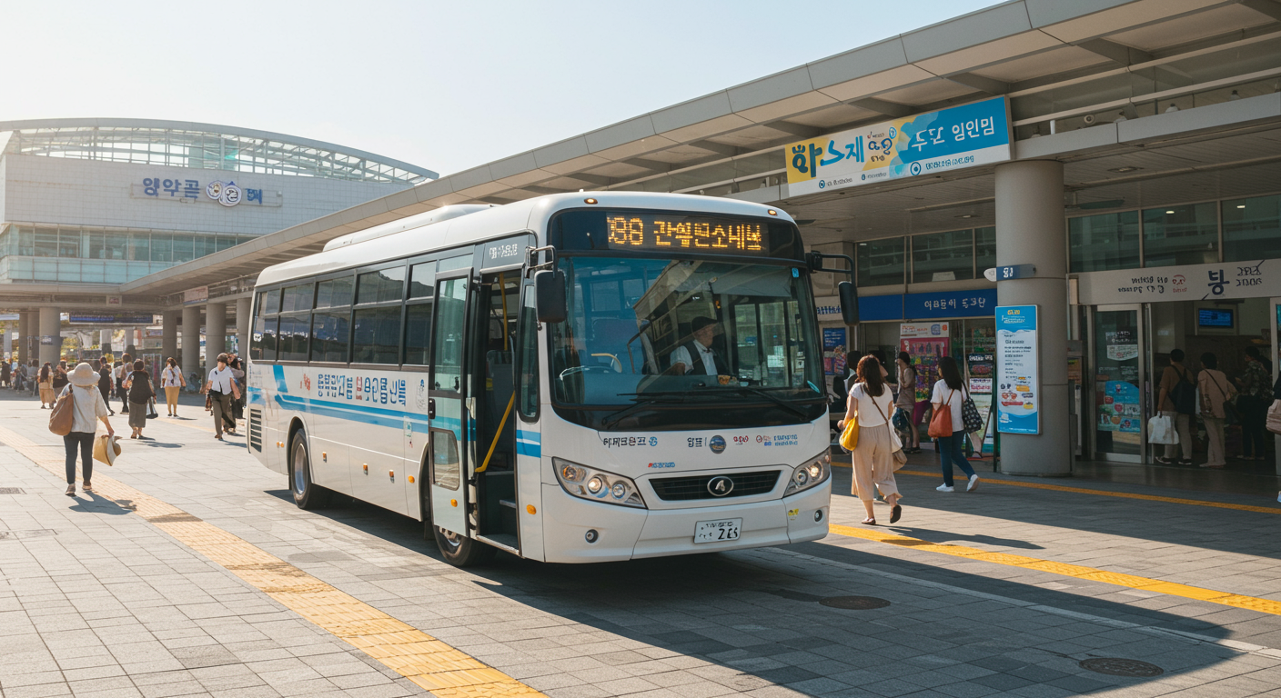 가평역에 도착한 편안한 셔틀버스가 관광객들을 픽업하는 장면