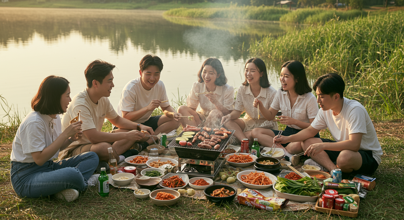 한국의 호숫가에서 친구들이 모여 바비큐를 즐기는 장면
