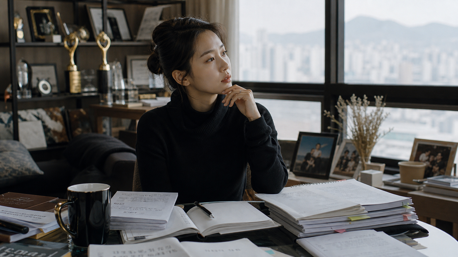 현대적인 여배우가 대본과 상을 둘러싸고 자신의 연기 여정을 회상하는 모습