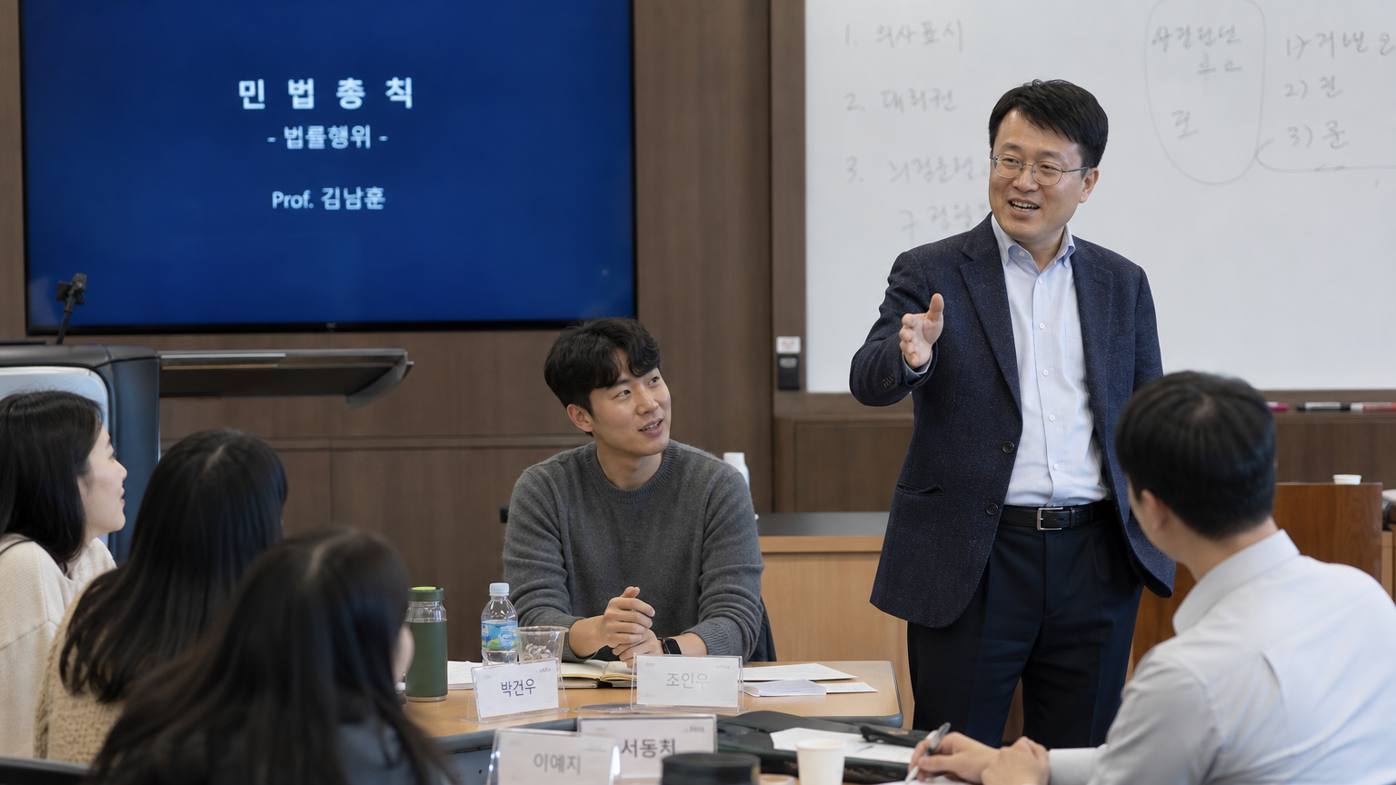 한국 법학전문대학원 강의실에서 학생들이 토론에 참여하는 모습