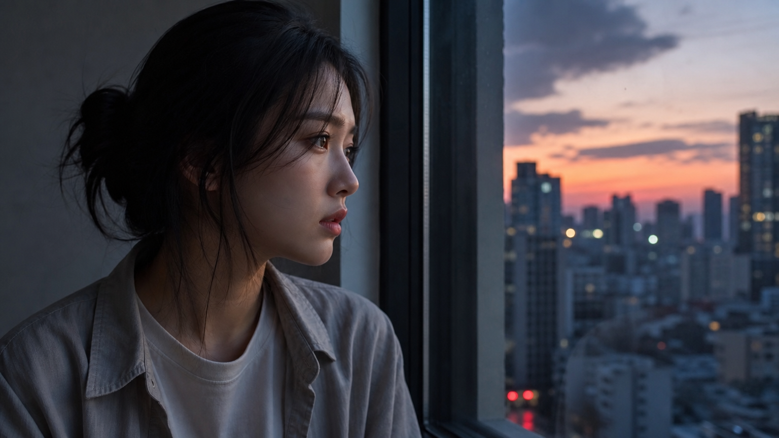 창밖을 보며 복잡한 표정을 짓는 젊은 여성의 뒷모습