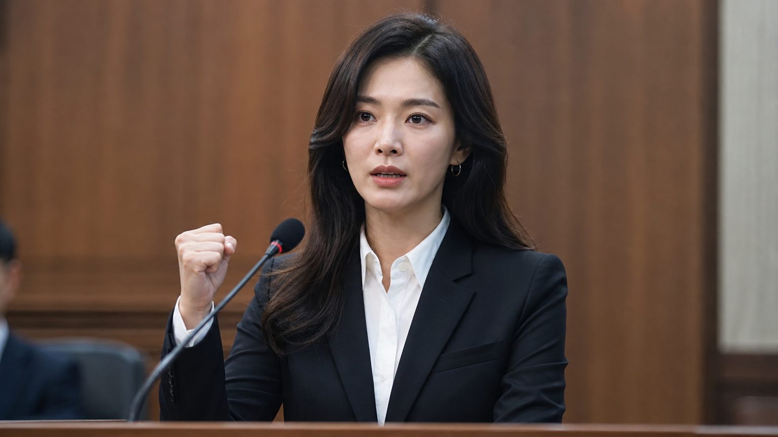 법정에서 당당하게 증언하는 여성의 모습