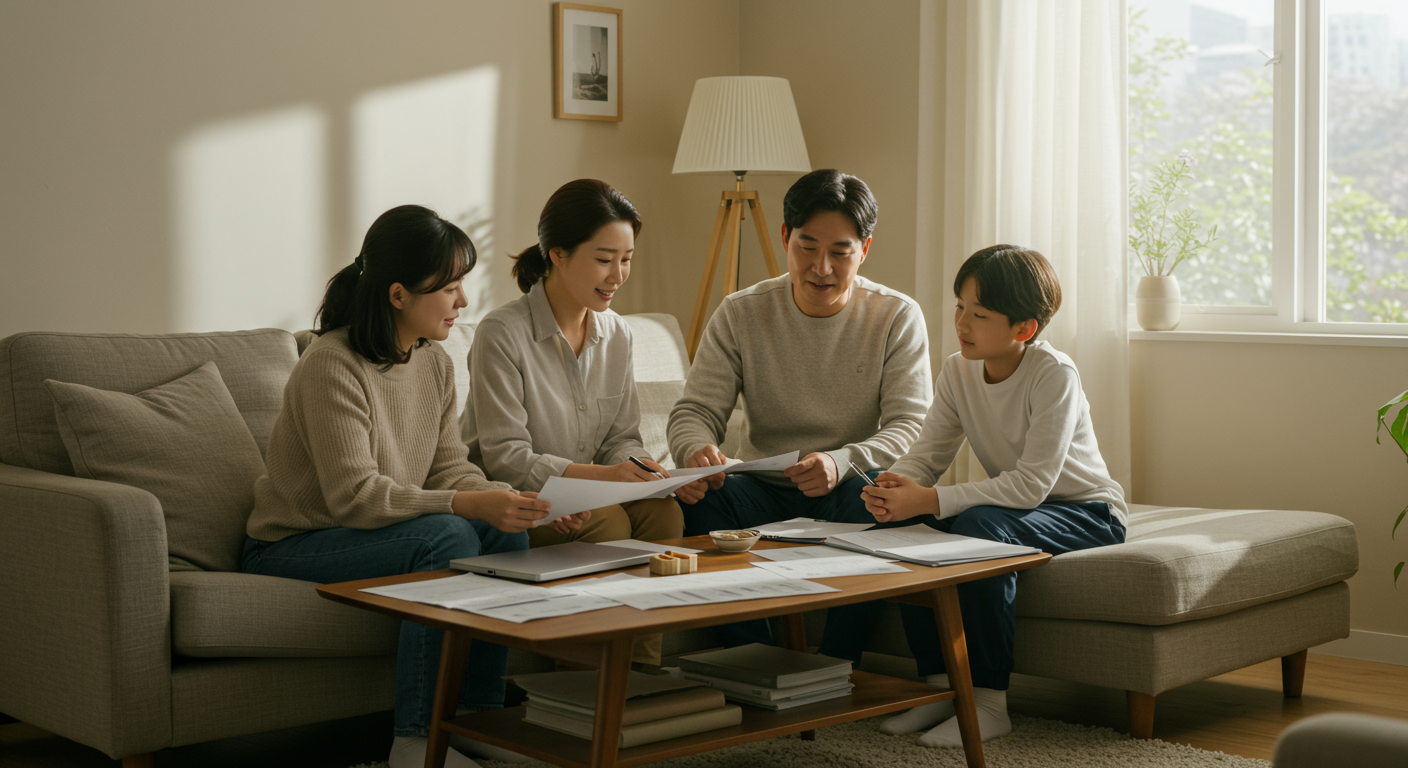 현대적인 한국 가정이 거실에서 재정 지원 프로그램에 대해 논의하며 희망찬 모습을 보여주는 장면