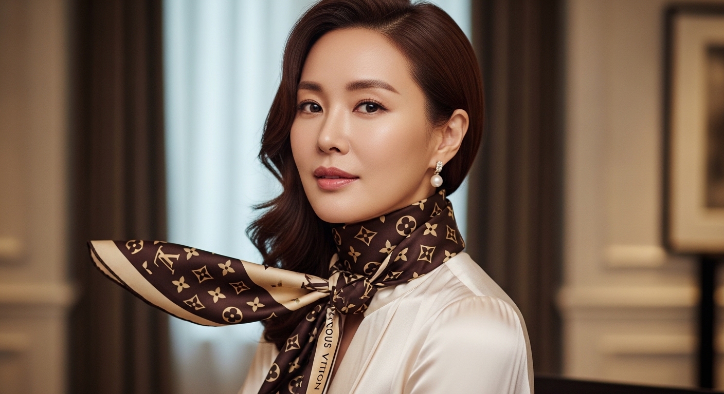 여성의 목에 우아하게 둘러진 루이비통 스카프와 세련된 스타일