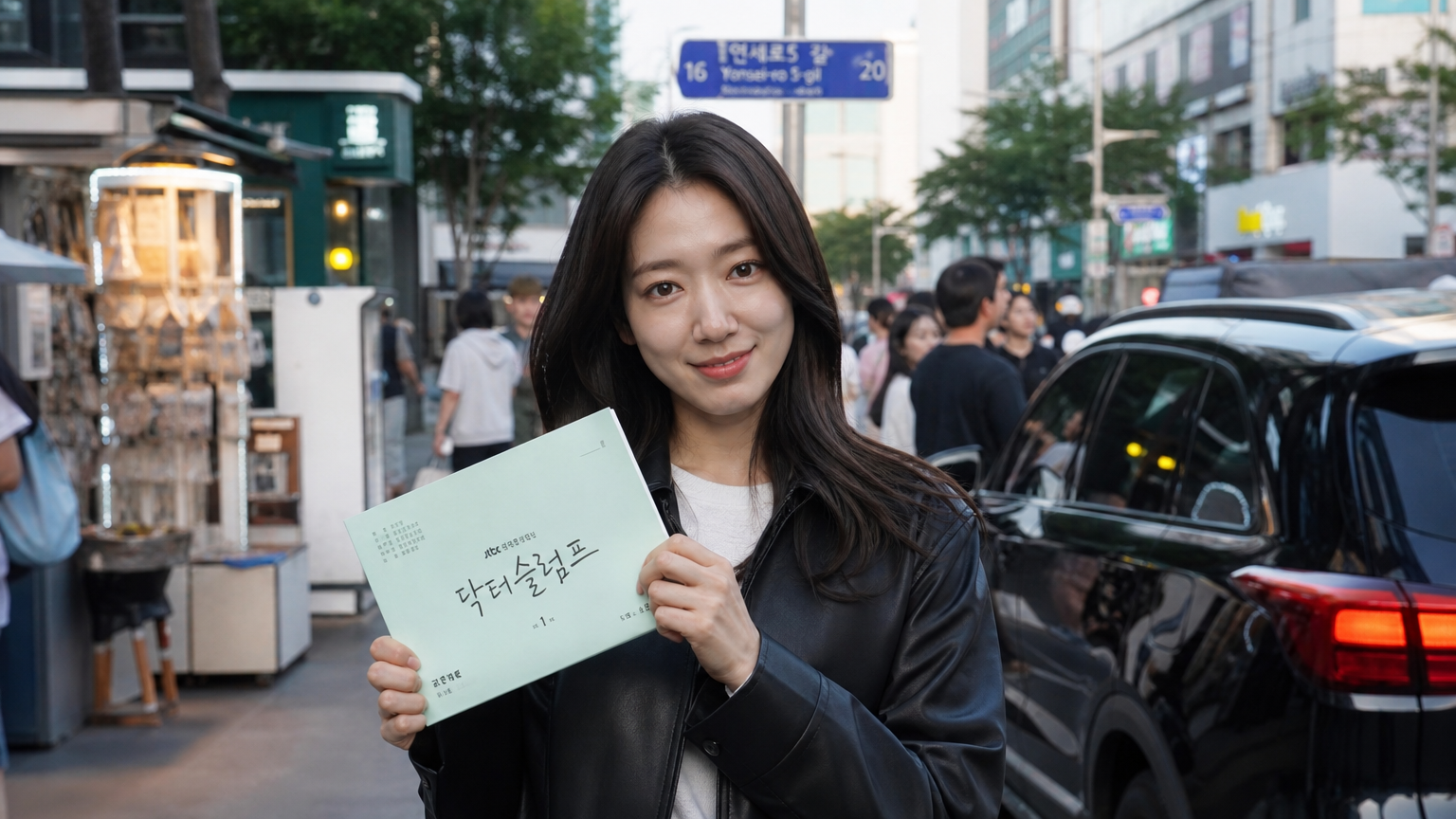 서울 거리에서 대본을 들고 있는 젊은 여성 배우의 모습