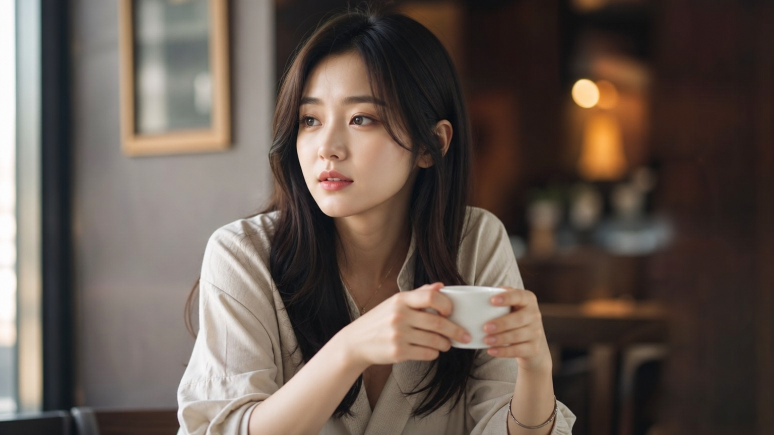 카페에서 커피를 들고 자신의 진로에 대해 생각하는 여성 배우