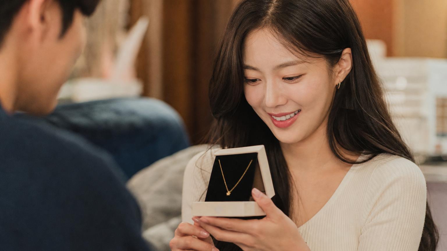 드라마 세트장에서 받은 금목걸이를 바라보며 미소 짓는 여배우