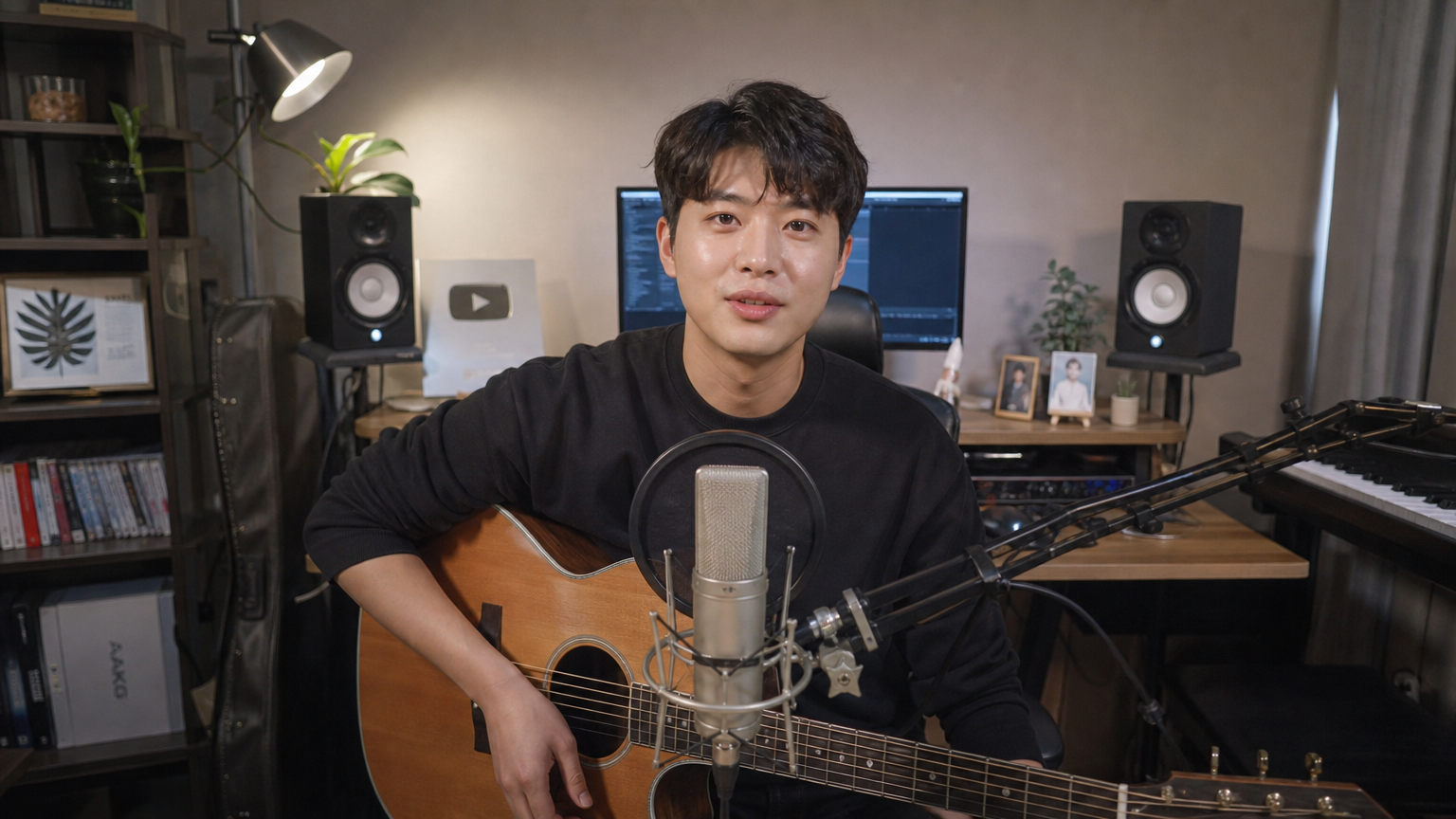 아늑한 홈 스튜디오에서 유튜브 영상을 촬영하며 악기와 장비에 둘러싸인 음악가