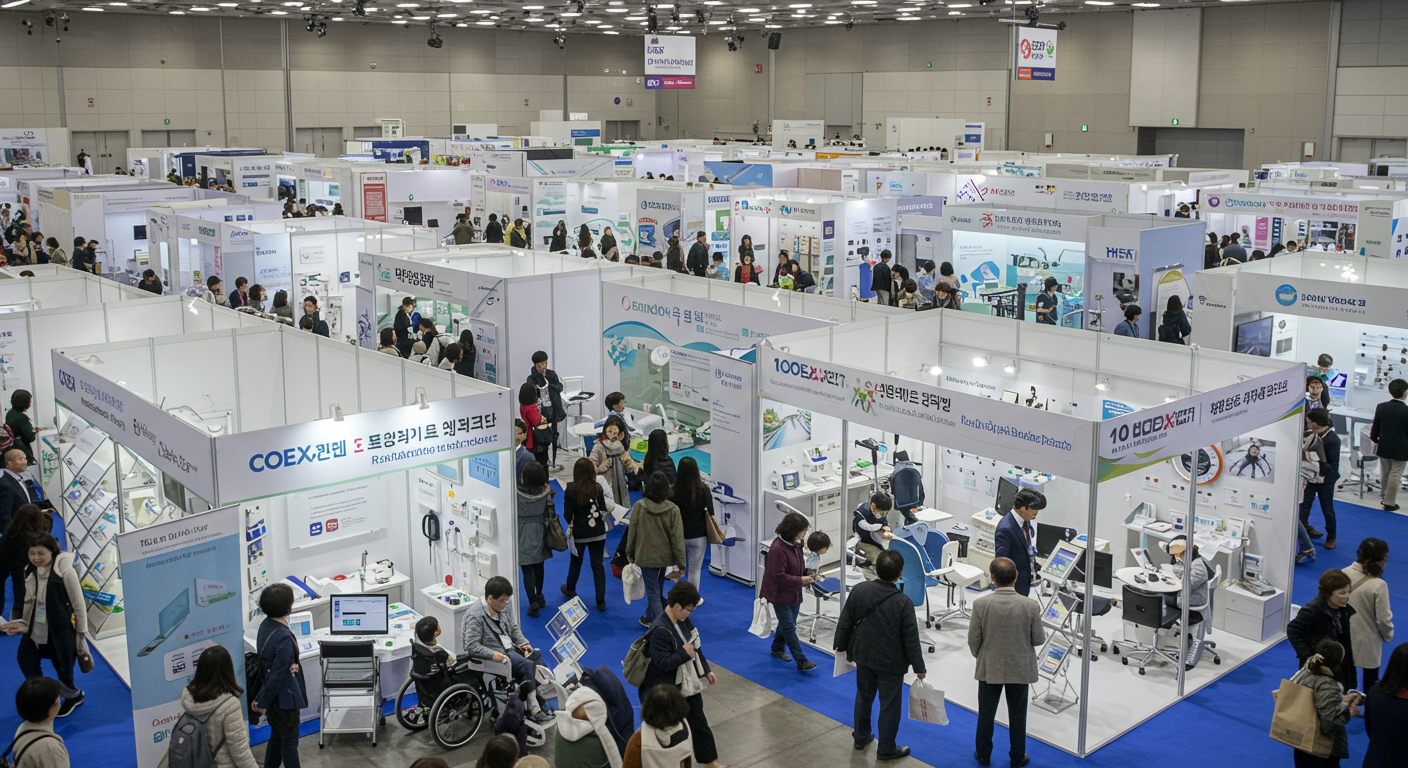 서울 코엑스에서 열리는 다양한 재활 및 복지용품이 전시된 활기찬 행사장 모습