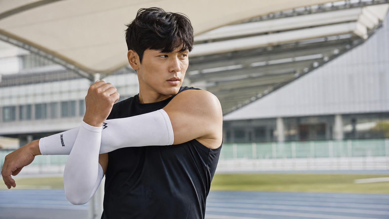 훈련 전 압박 팔토시를 착용하고 스트레칭하는 한국 운동선수