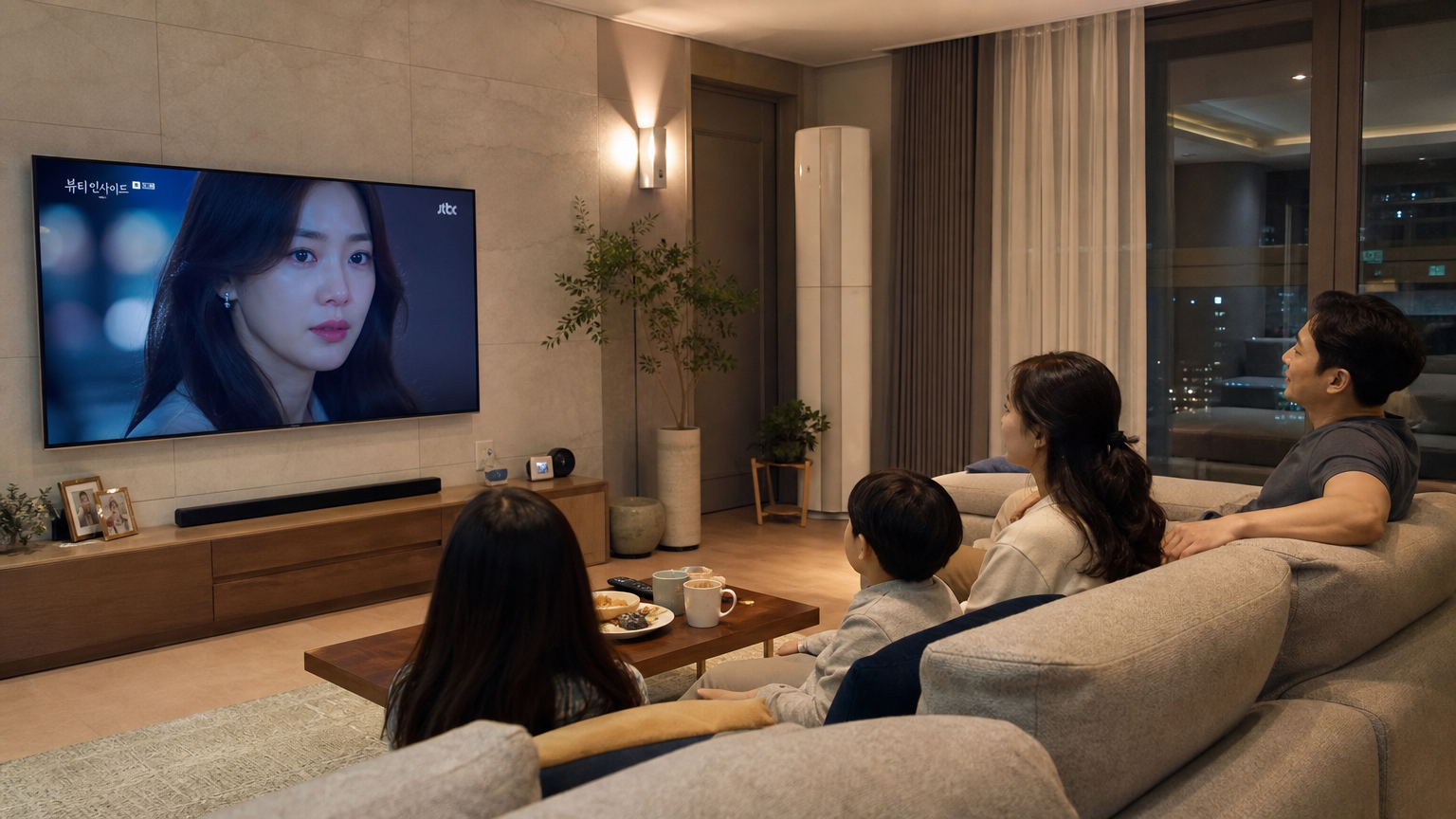 가족이 주말 저녁 드라마를 시청하며 함께 시간을 보내는 거실의 모습