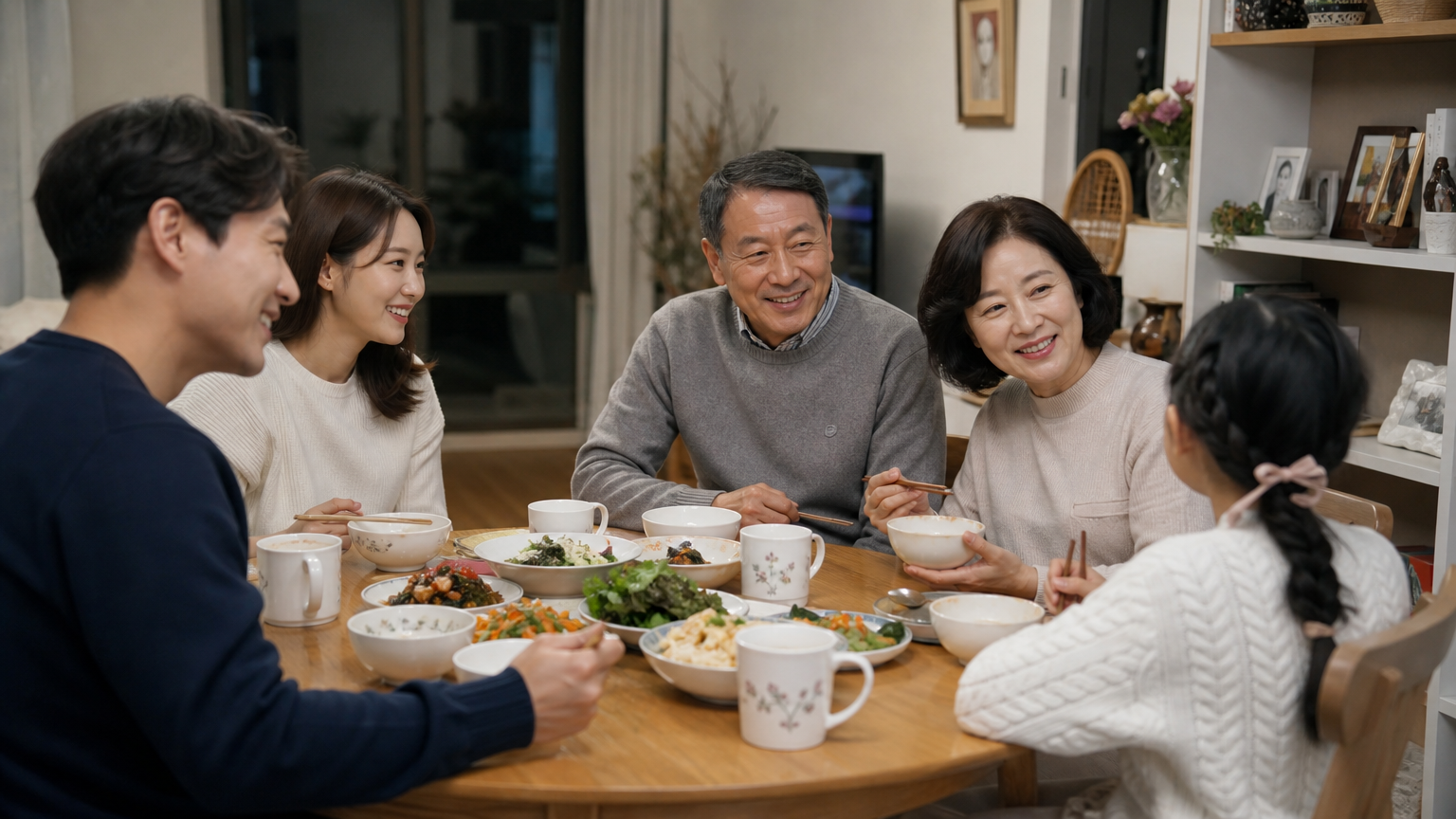 한국 가족이 집안 식탁에 둘러앉아 화기애애하게 대화하는 장면
