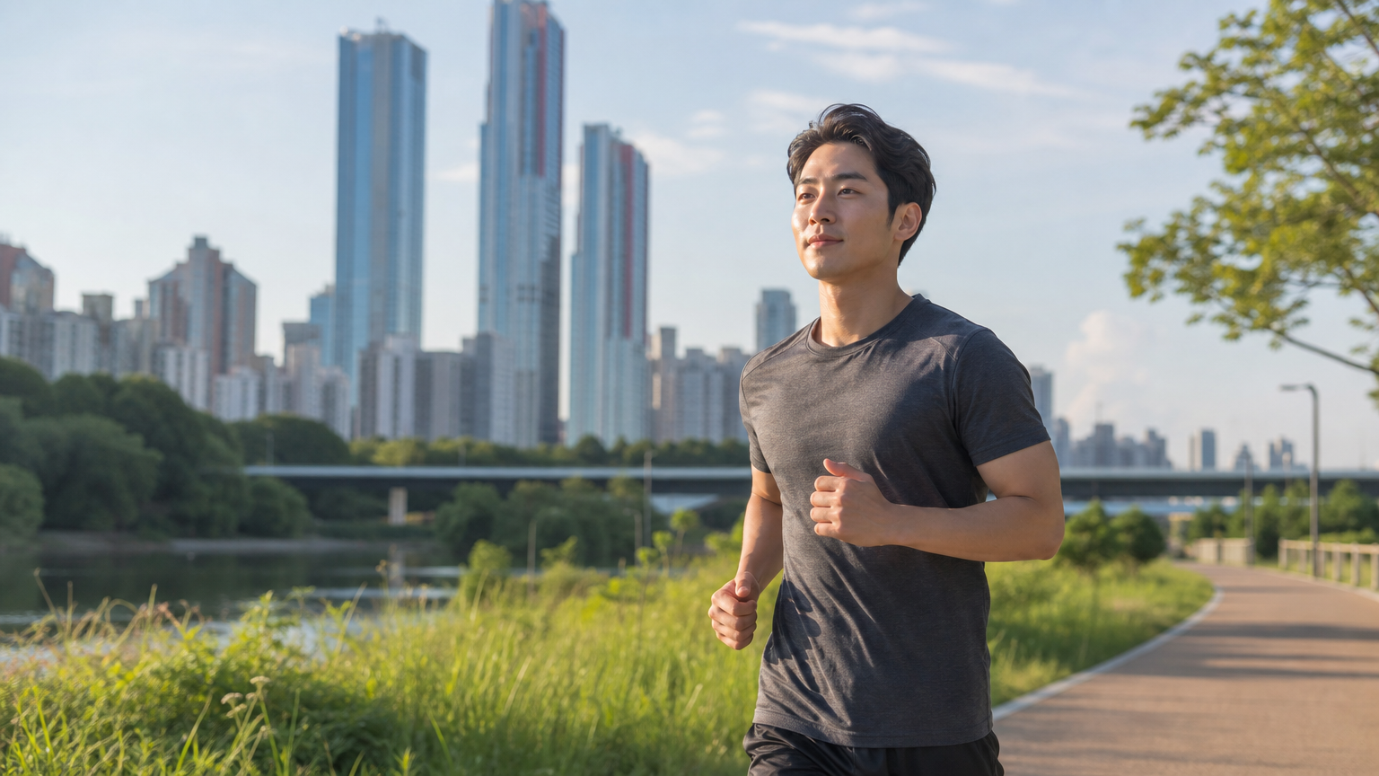 아침 햇살 속 공원에서 조깅하는 남성의 건강한 모습