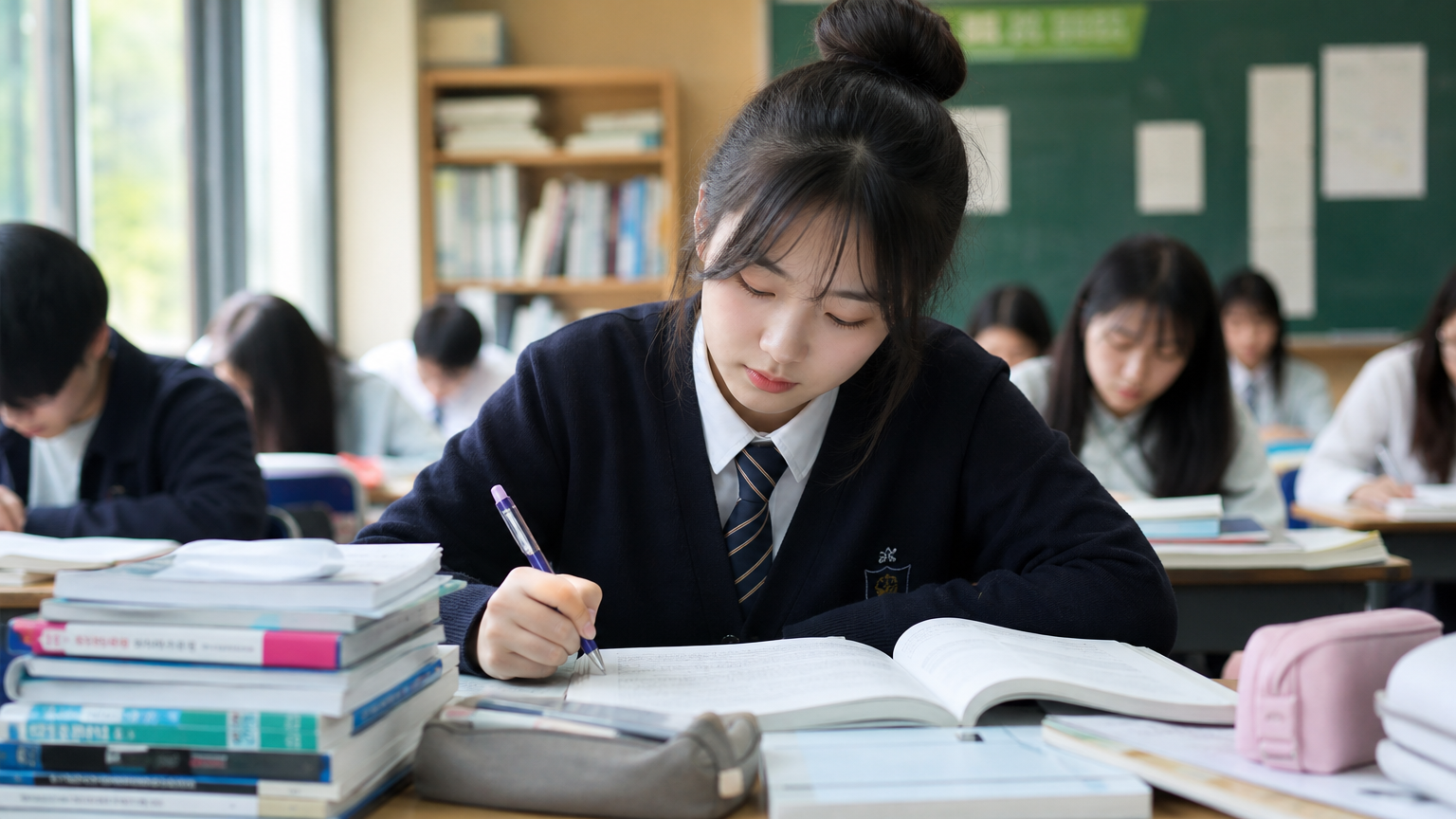 교실에서 시험 준비 중인 현대적인 고등학생