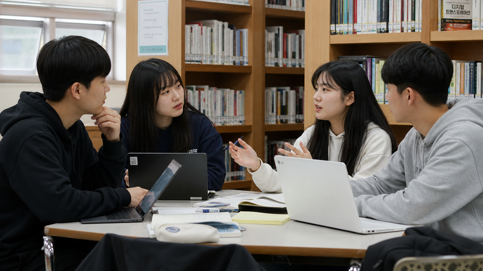 학교 도서관에서 공부 전략을 논의하는 학생들