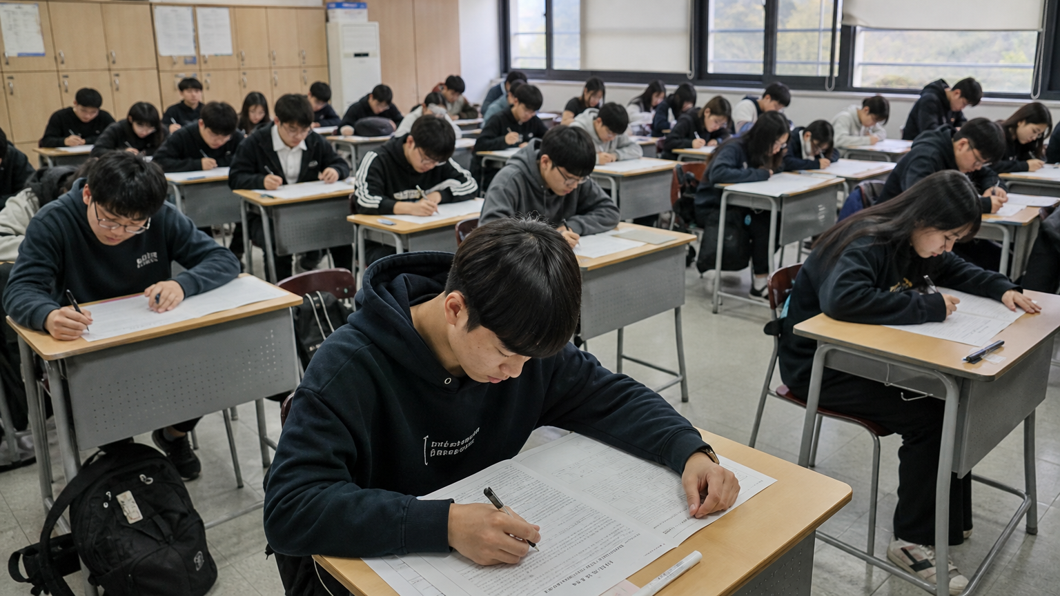 시험장에서 표준화된 시험을 치르는 학생들