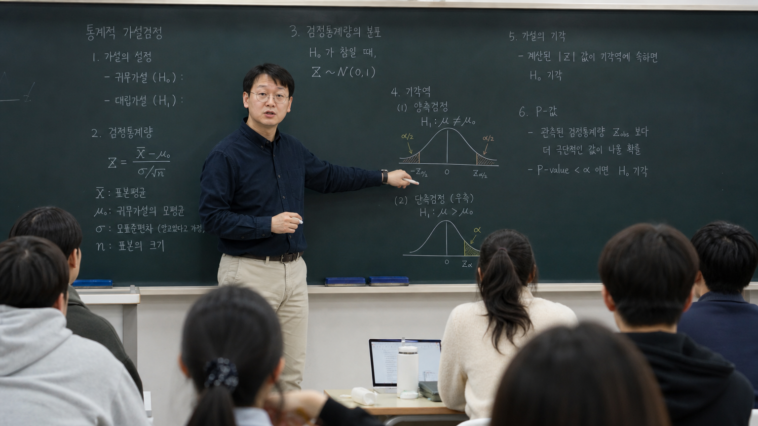 교실에서 통계 공식을 설명하는 선생님과 집중하는 학생들