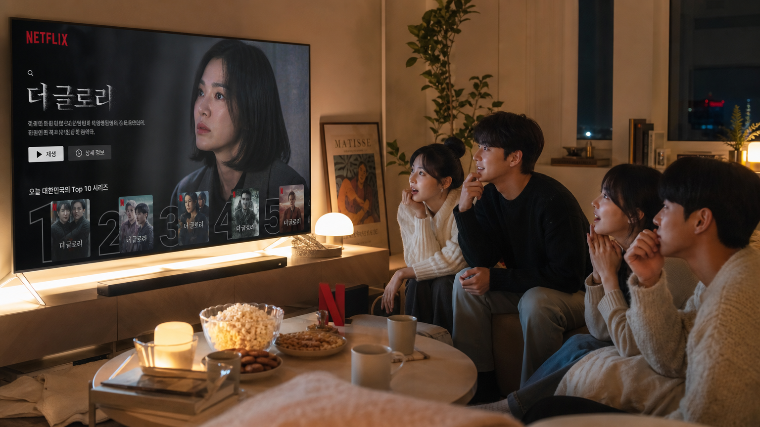 거실에서 넷플릭스 드라마를 시청하는 한국 관객들