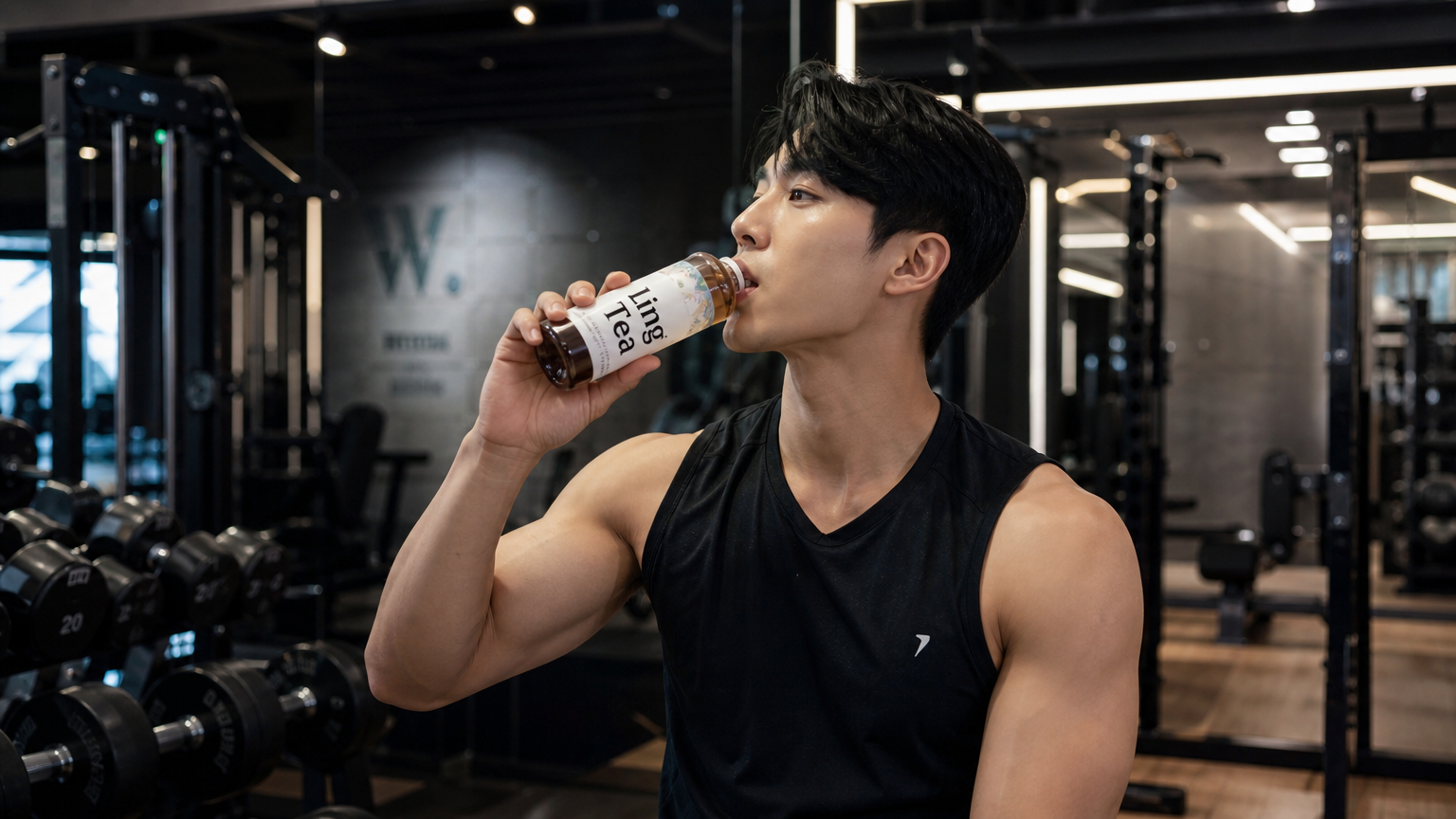 현대적인 체육관에서 링티를 마시는 젊은 운동 애호가