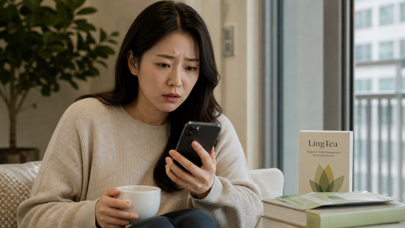 편안한 거실에서 링티의 부작용을 확인하는 한국인 소비자