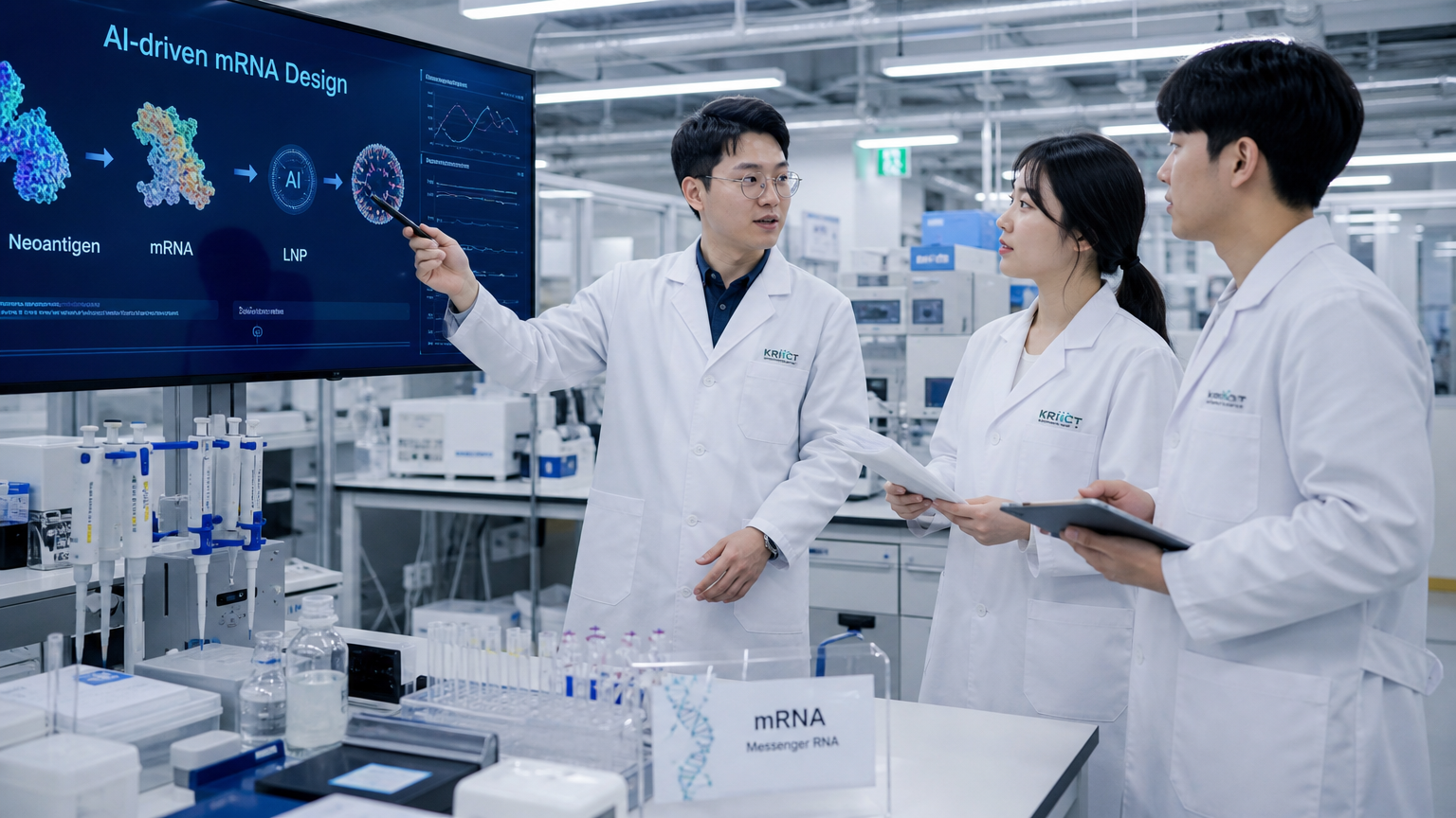 첨단 연구 시설에서 협력하여 개인 맞춤형 mRNA 백신을 개발하는 한국인 연구자들