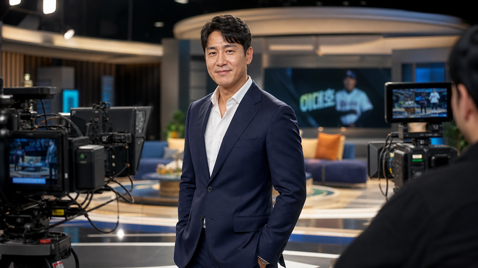TV 스튜디오에서 새로운 방송인 경력을 시작하는 현대 한국 남성