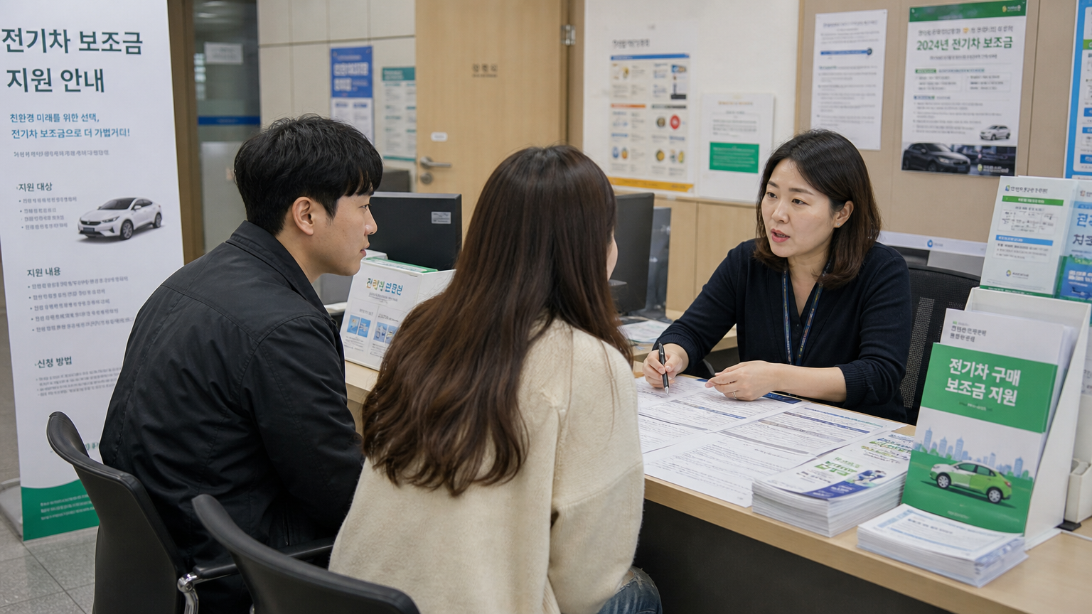 공무원과 전기차 보조금을 상담하는 커플의 모습