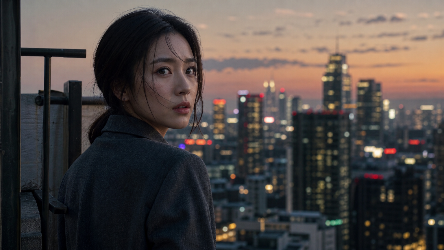 복잡한 캐릭터를 연기하는 한국 여배우가 도시 풍경을 배경으로 긴장감을 표현하는 장면
