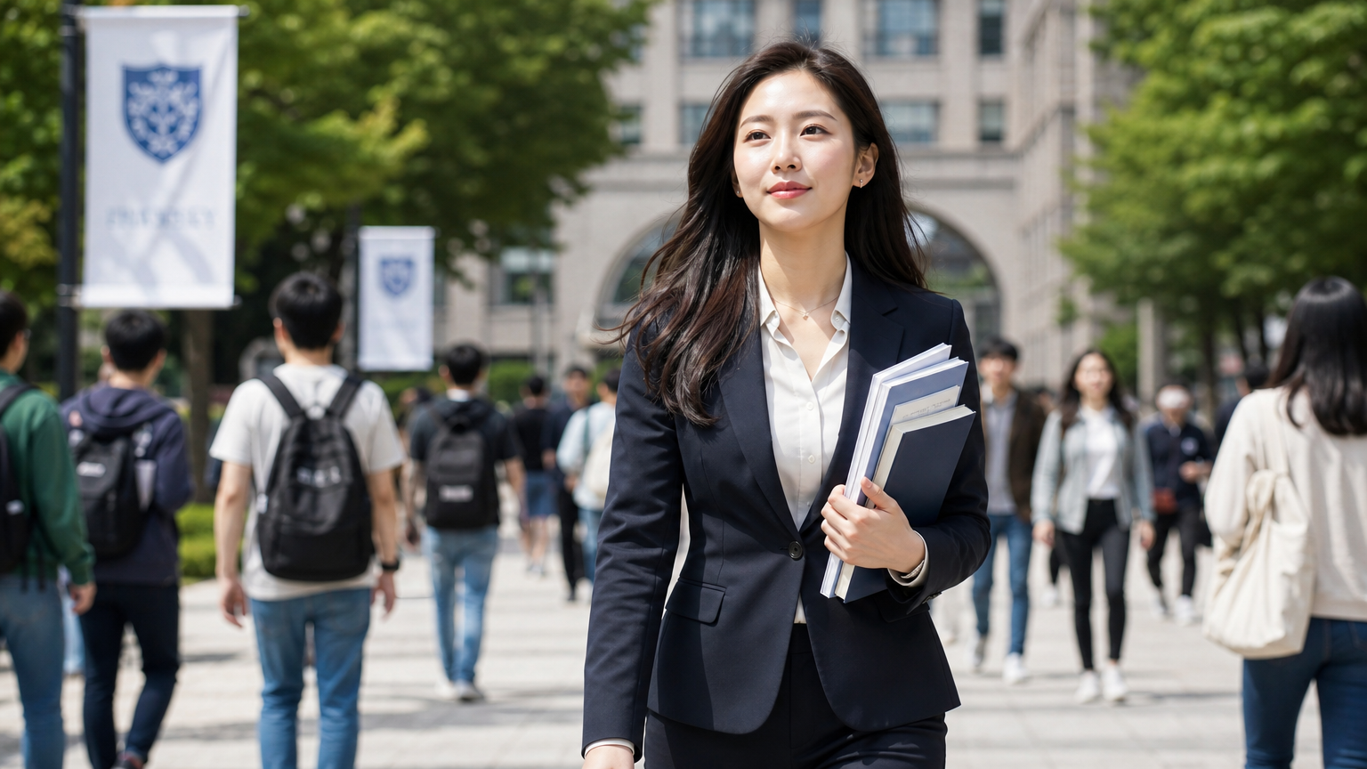 젊은 여성이 대학 캠퍼스를 걸으며 책을 들고 결단력 있는 표정을 짓는 모습
