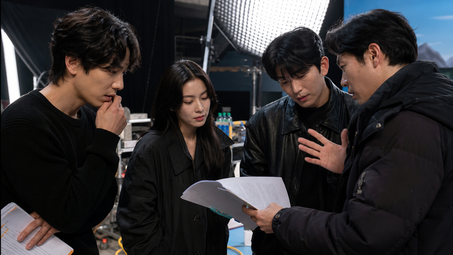 영화 세트장에서 네 명의 한국 배우가 촬영 휴식 시간에 열정적으로 장면을 논의하는 모습