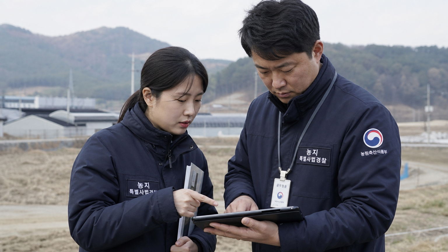 불법 토지 이용을 확인하기 위해 디지털 태블릿으로 기록을 검사하는 한국의 농업 검사관들