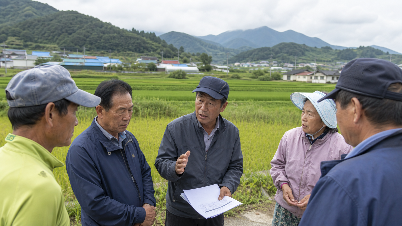 새로운 엄격한 토지 법령이 생계에 미치는 영향을 논의하는 한국 시골 풍경 속의 농부들