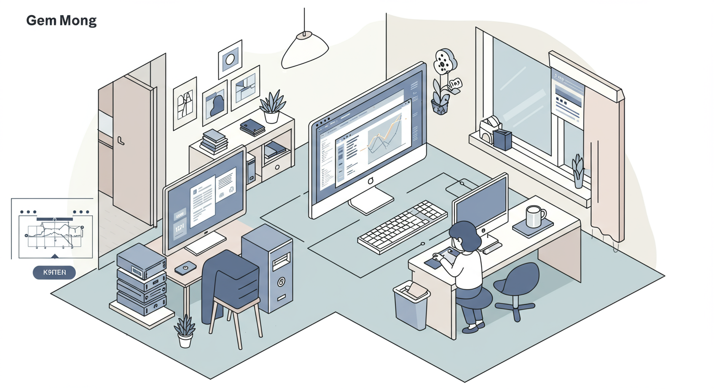 중요한 문서를 관리하기 위한 백업 드라이브와 함께 보관된 디지털 파일들이 있는 현대적인 한국 가구 환경