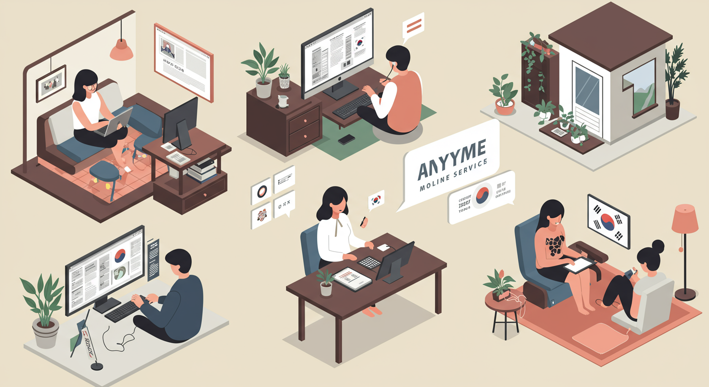 다양한 젊은 사람들이 집에서 컴퓨터와 태블릿을 사용하여 언제든지 인터넷 서비스를 이용하는 모습