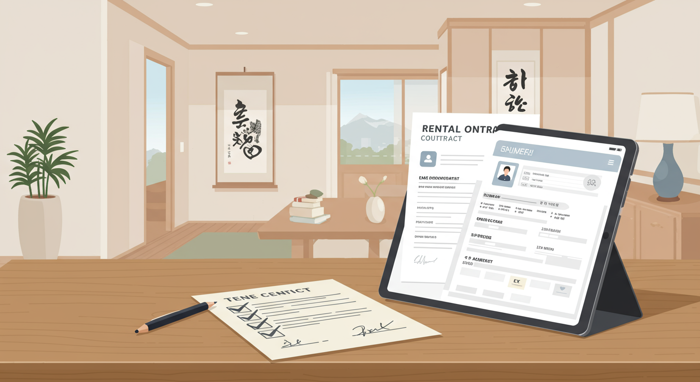 현대적인 한국 가정의 테이블 위에 놓인 체크리스트와 디지털 문서들