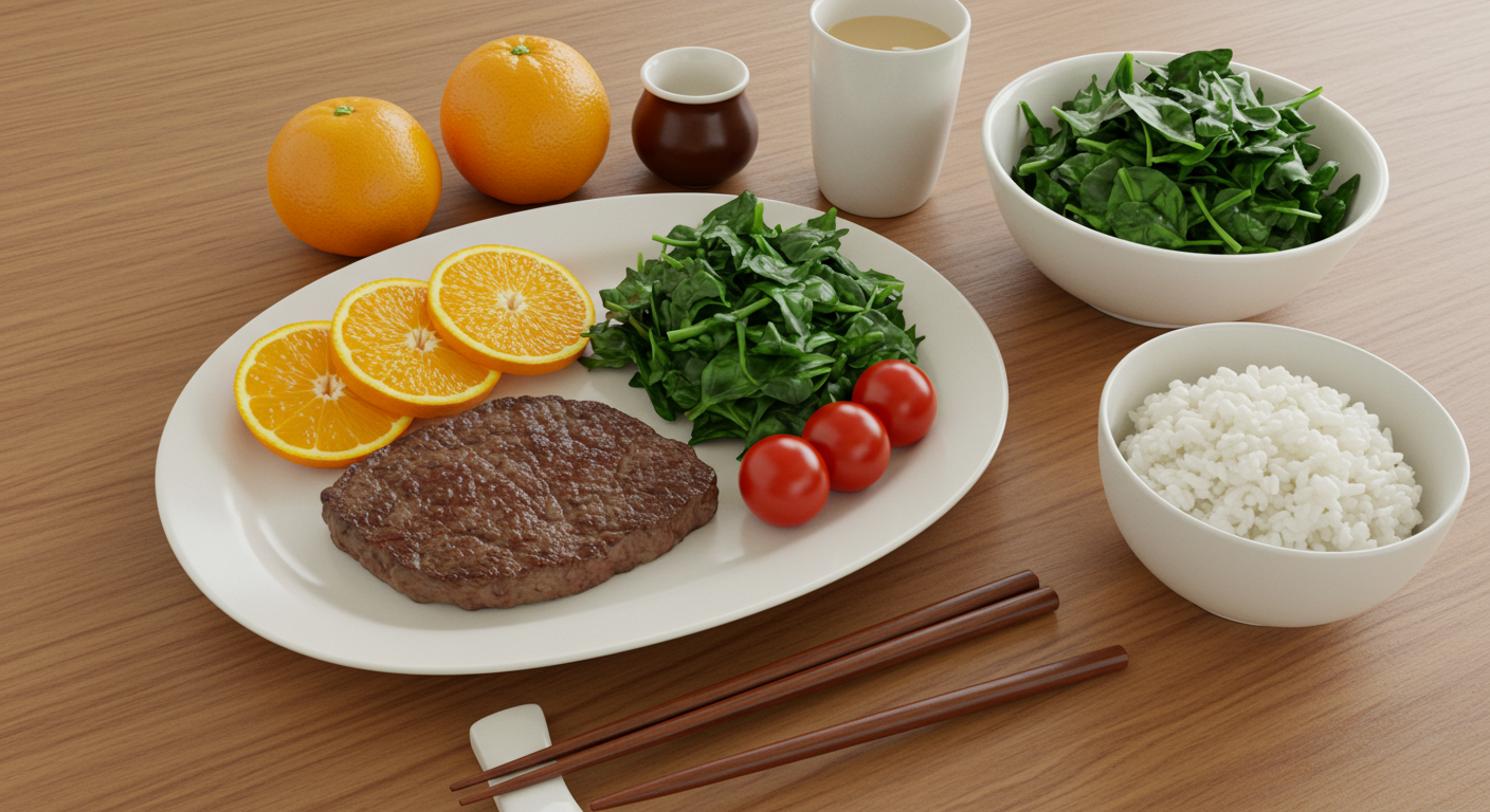 소고기 스테이크와 시금치 샐러드가 담긴 접시 옆에 오렌지와 토마토가 놓인 식탁