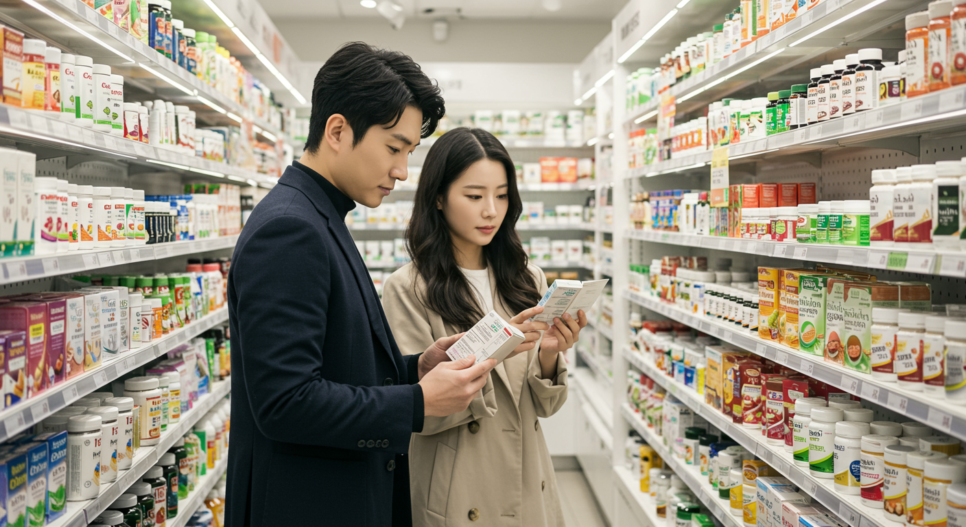 현대적인 약국에서 건강 보조제를 고르는 젊은 커플