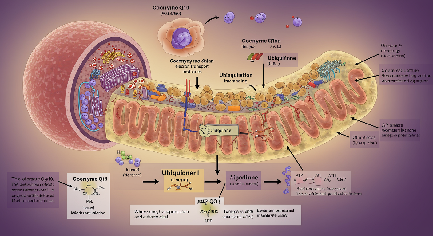세포 내 미토콘드리아와 ATP 에너지 생성 과정의 다이어그램